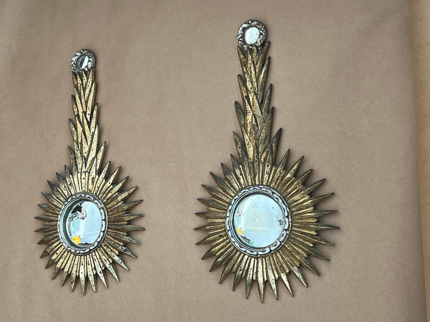 Frisman Vintage A Pair Of Unusual Sunburst Soleil Mirrors Gilt Wood Convex 1960