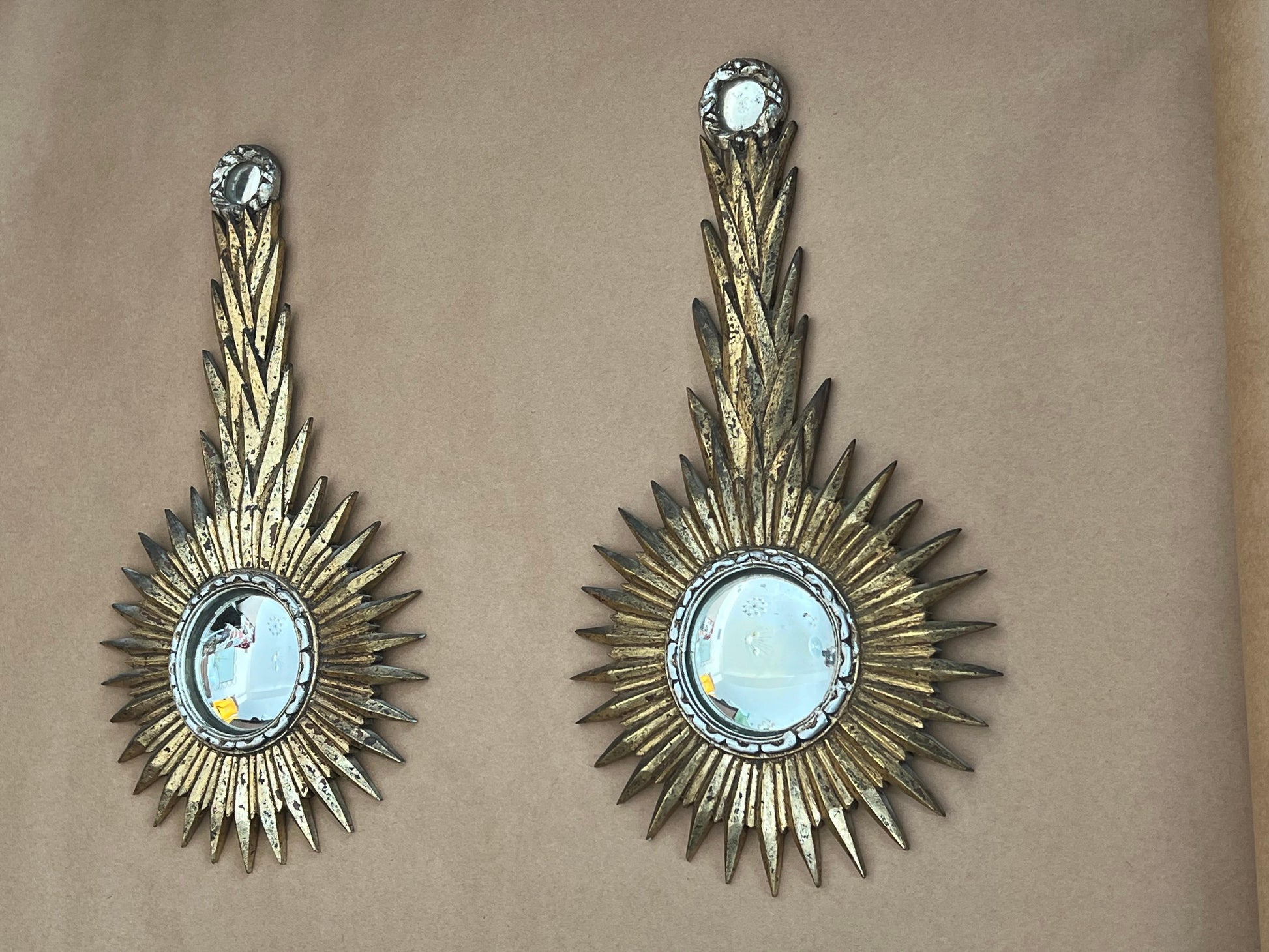 Frisman Vintage A Pair Of Unusual Sunburst Soleil Mirrors Gilt Wood Convex 1960