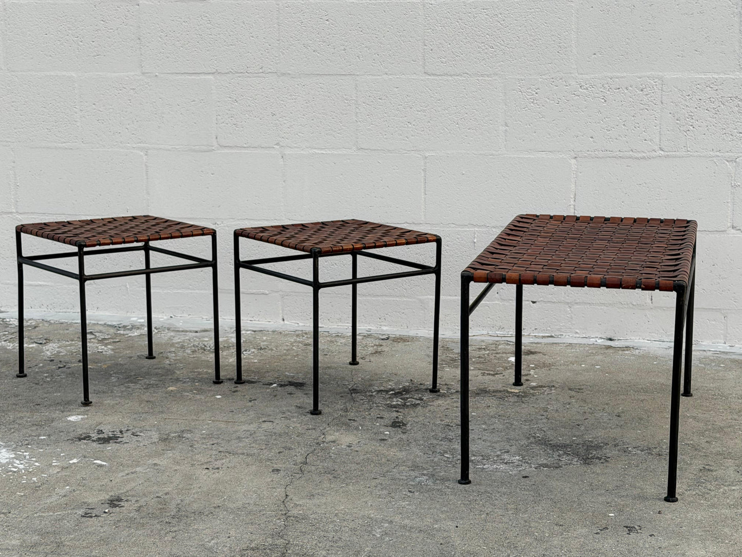 Frisman Vintage A Set Of Stools And Bench Wrought Iron Leather ca' 1980's Patina
