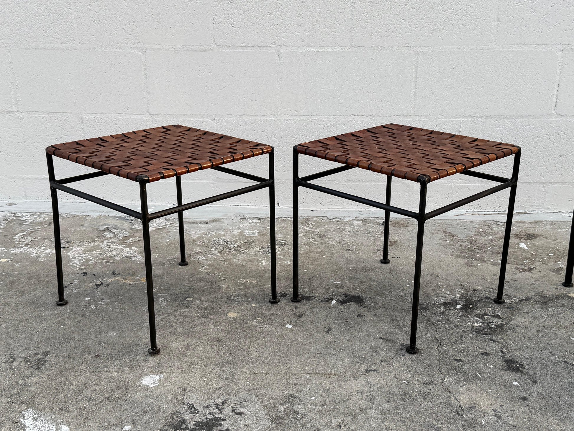 Frisman Vintage A Set Of Stools And Bench Wrought Iron Leather ca' 1980's Patina
