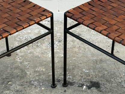 Frisman Vintage A Set Of Stools And Bench Wrought Iron Leather ca' 1980's Patina