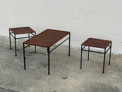 Frisman Vintage A Set Of Stools And Bench Wrought Iron Leather ca' 1980's Patina
