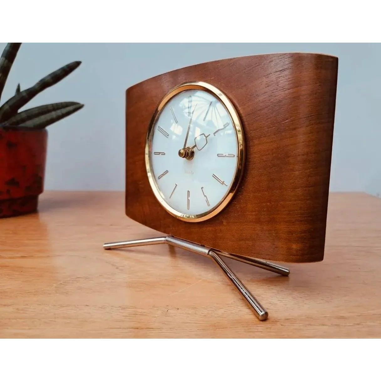 Frisman Vintage Atomic Mid Century Teak Danish Modern European Westclox Pedestal Mantel Clock