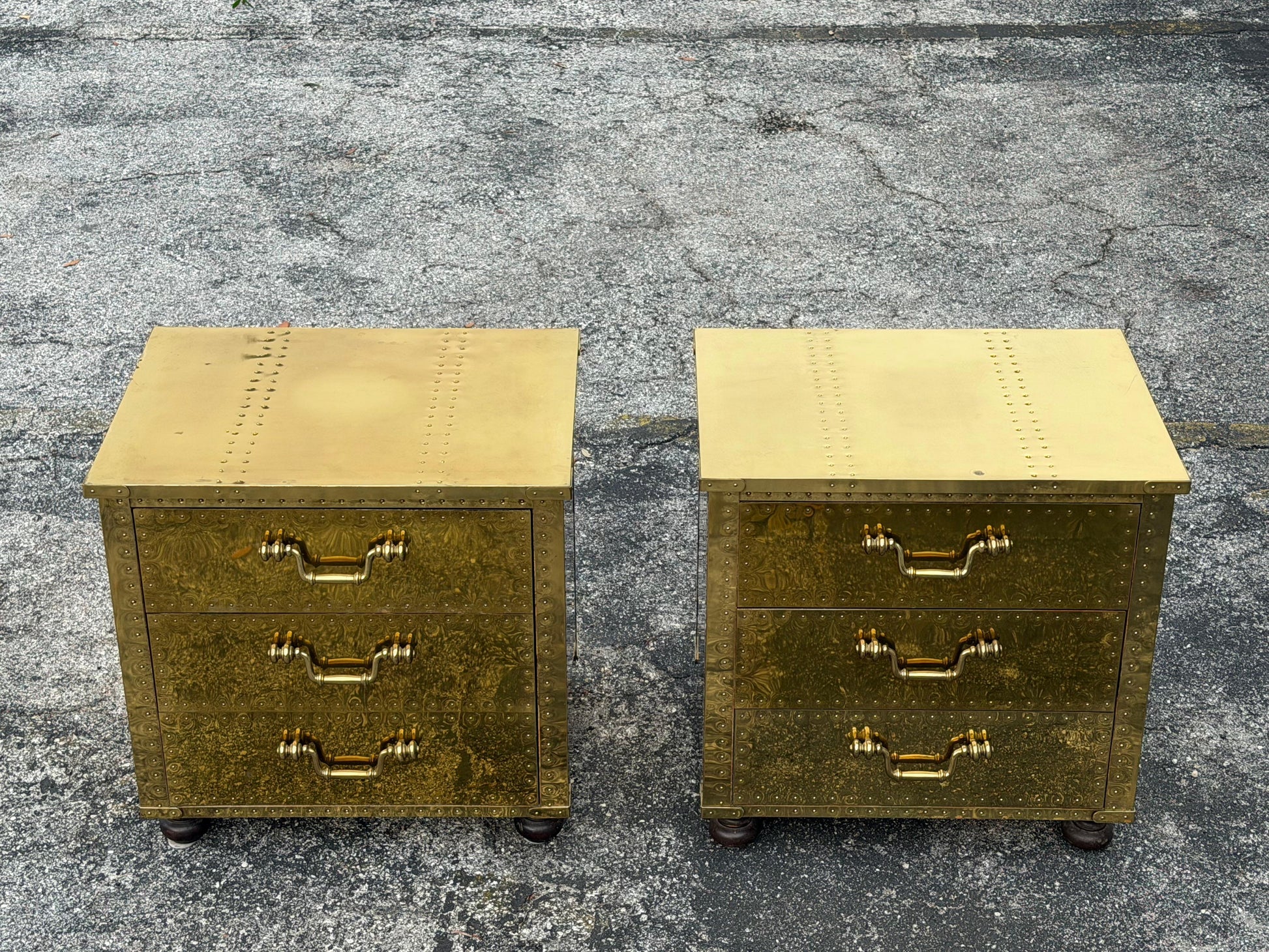 Frisman Vintage A Pair Of Vintage Brass Clad Small Chests of Drawers by Sarreid of Spain