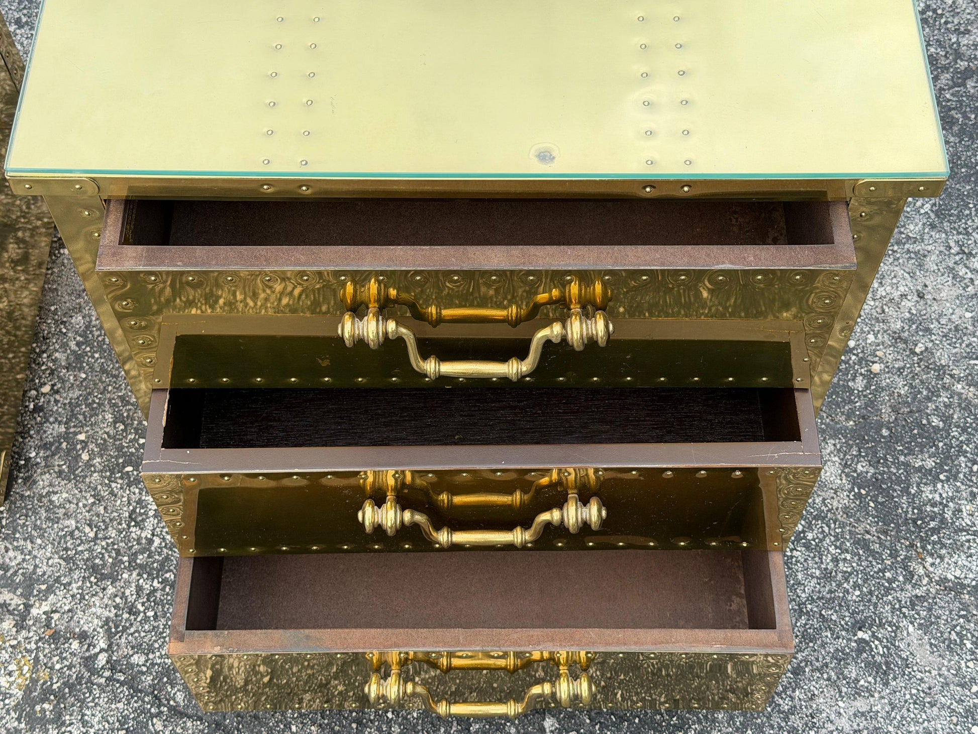 Frisman Vintage A Pair Of Vintage Brass Clad Small Chests of Drawers by Sarreid of Spain
