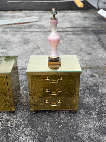 Frisman Vintage A Pair Of Vintage Brass Clad Small Chests of Drawers by Sarreid of Spain