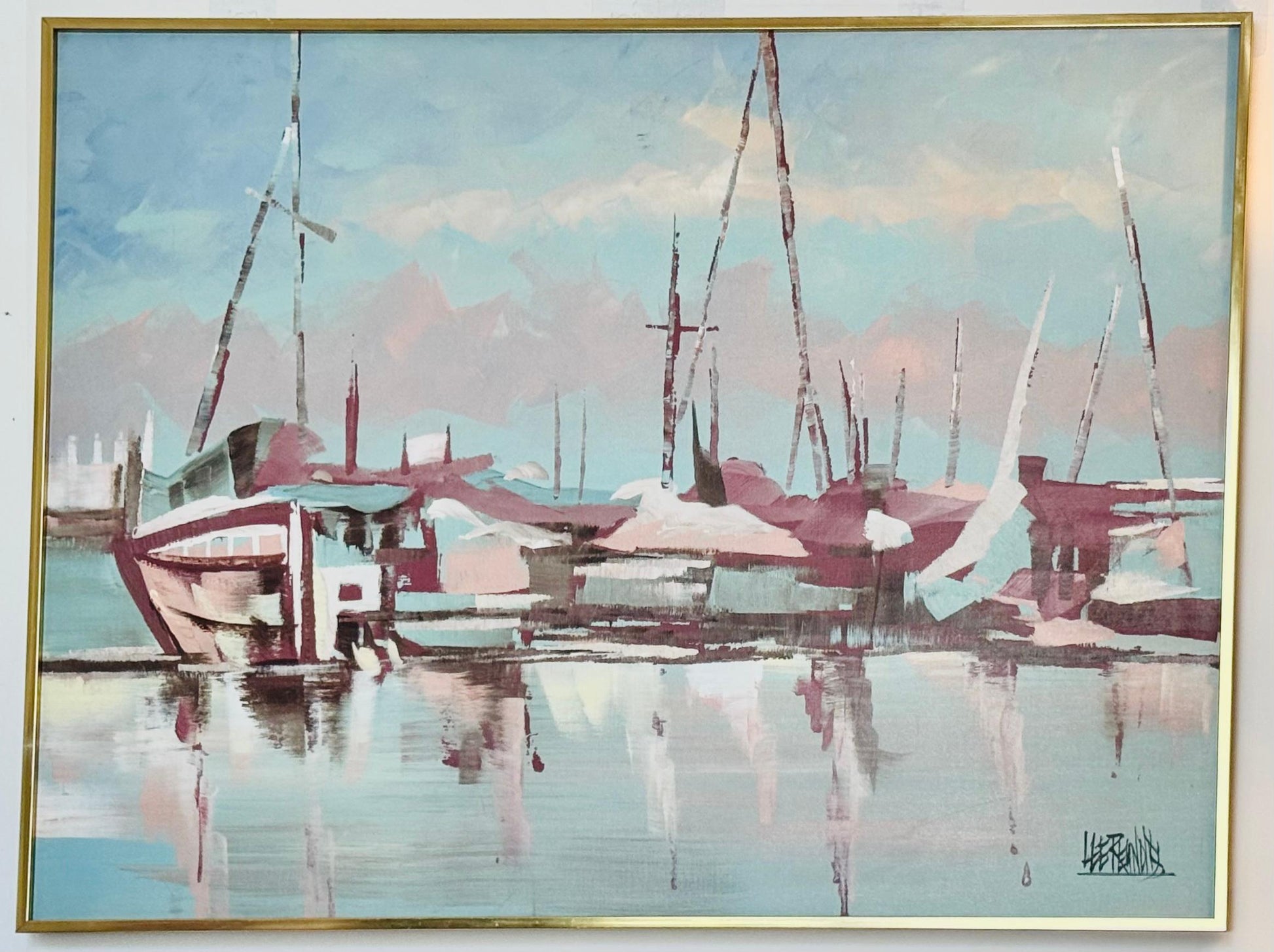 Frisman Vintage Lee Reynolds Abstract Nautical Impressionist Painting Boats in Harbor at Dusk