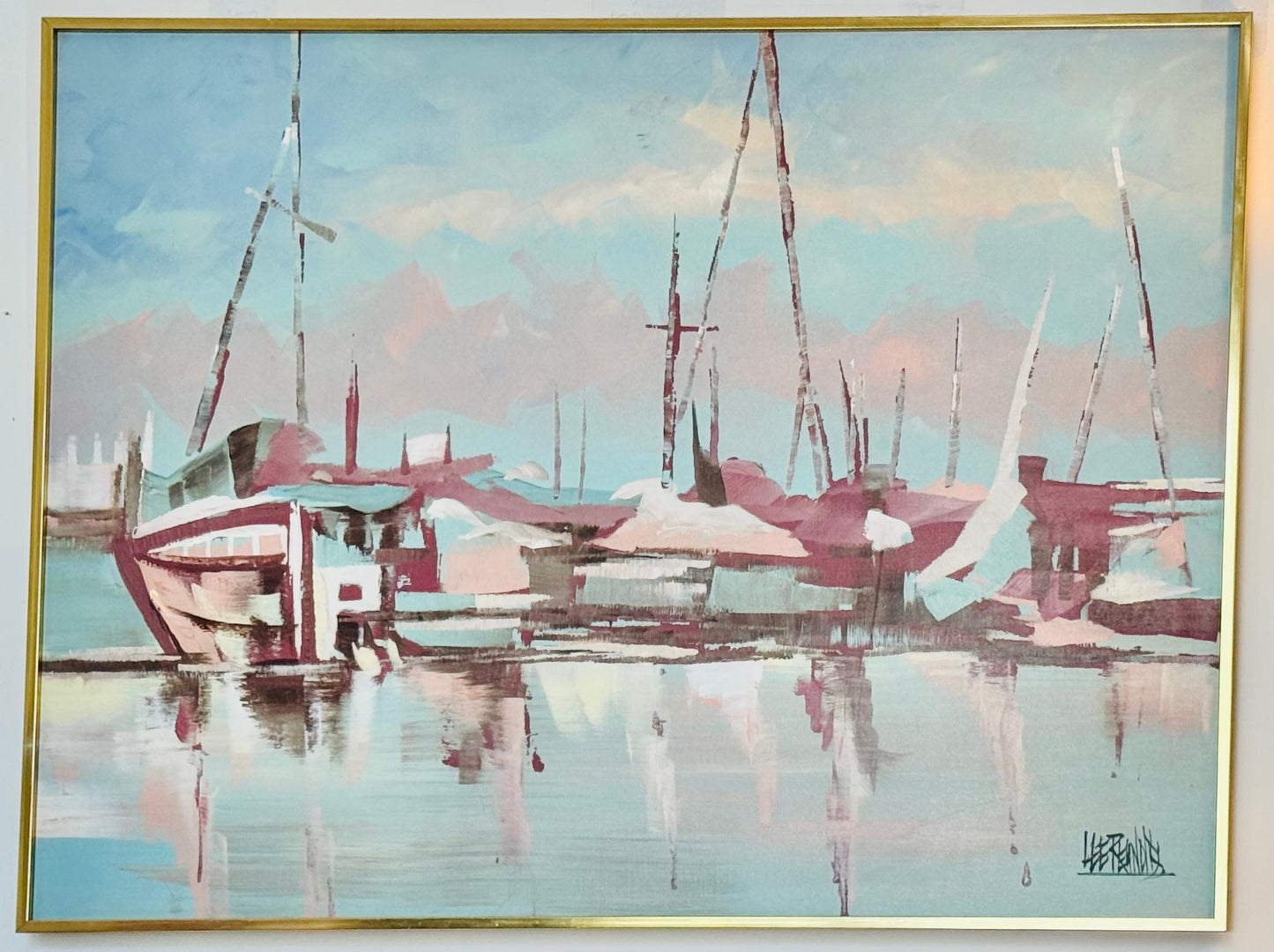 Frisman Vintage Lee Reynolds Abstract Nautical Impressionist Painting Boats in Harbor at Dusk