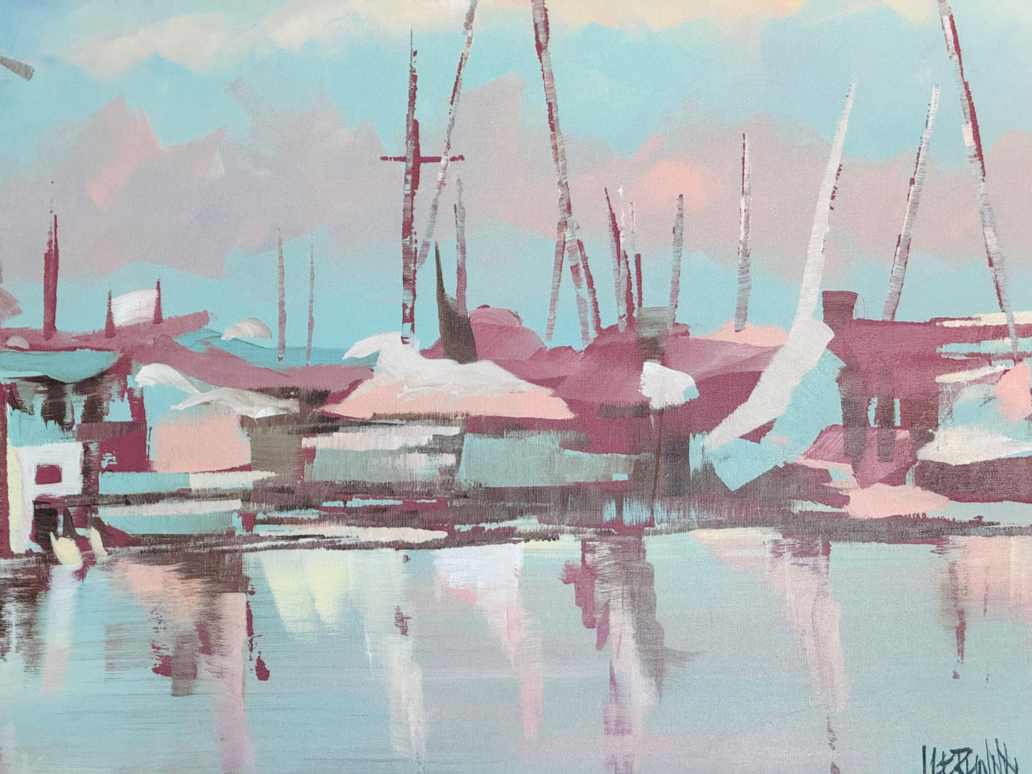 Frisman Vintage Lee Reynolds Abstract Nautical Impressionist Painting Boats in Harbor at Dusk
