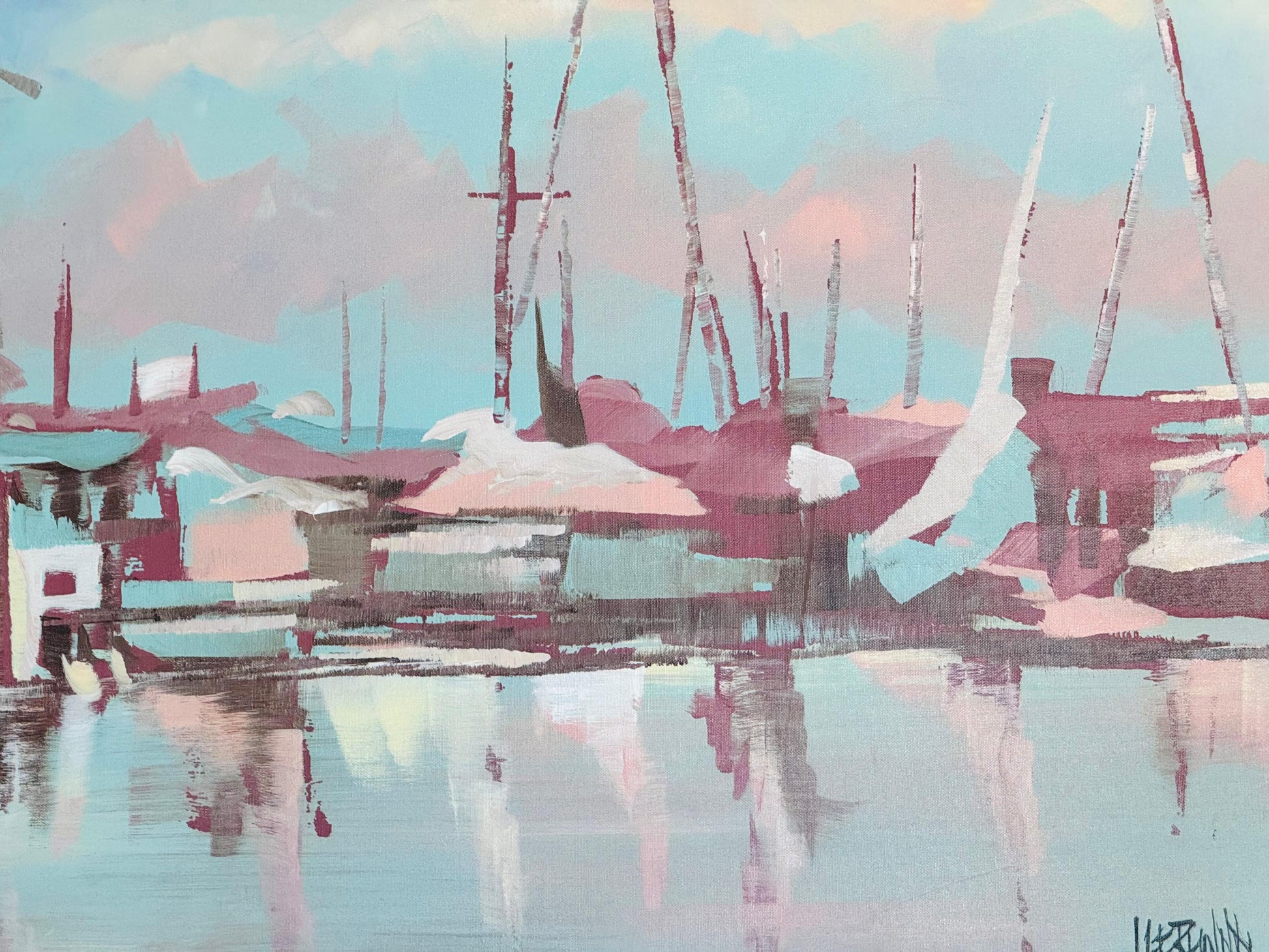 Frisman Vintage Lee Reynolds Abstract Nautical Impressionist Painting Boats in Harbor at Dusk