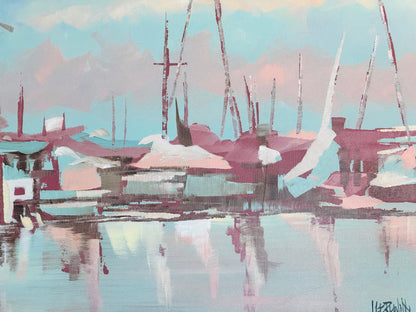 Frisman Vintage Lee Reynolds Abstract Nautical Impressionist Painting Boats in Harbor at Dusk
