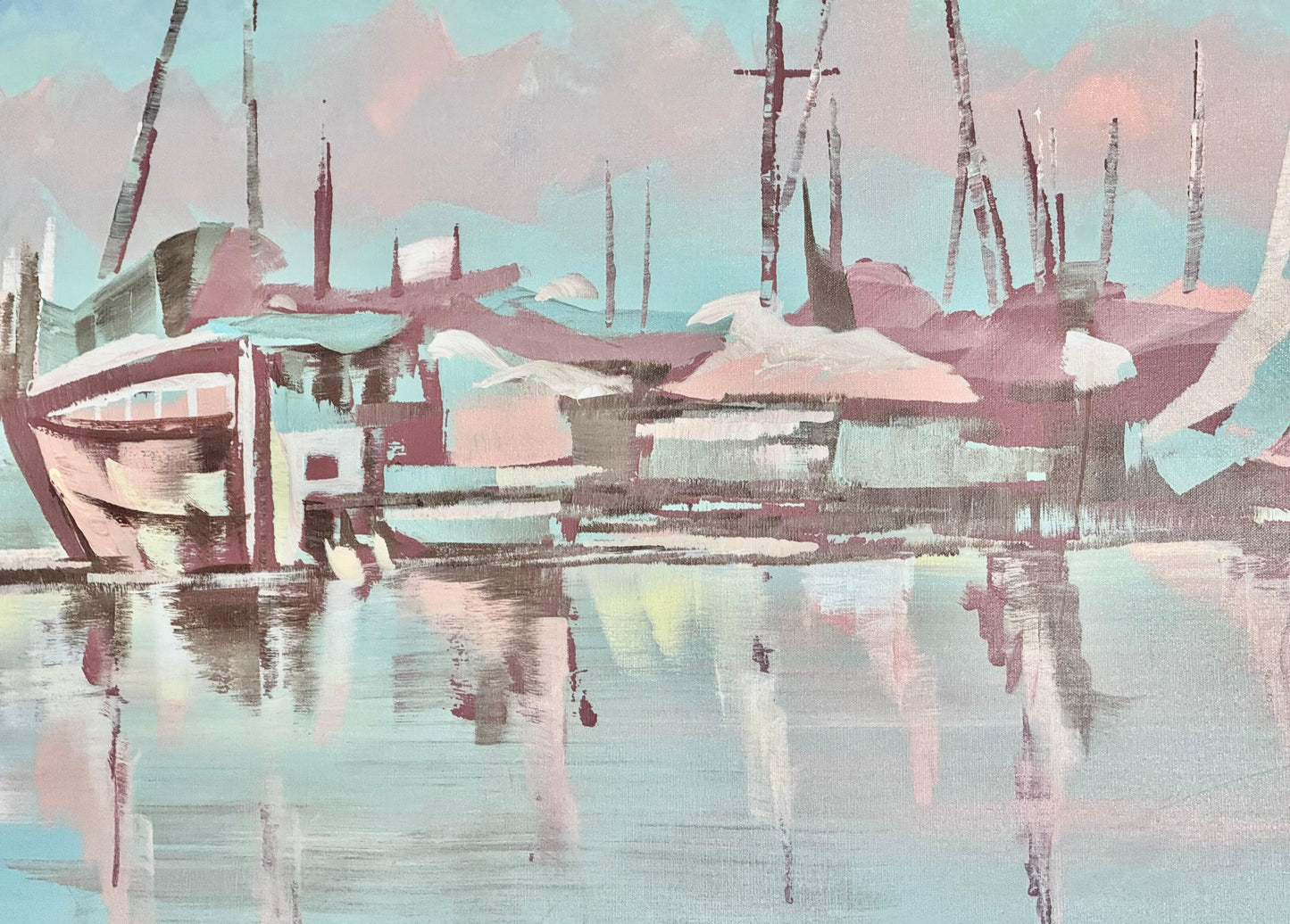 Frisman Vintage Lee Reynolds Abstract Nautical Impressionist Painting Boats in Harbor at Dusk