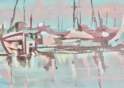Frisman Vintage Lee Reynolds Abstract Nautical Impressionist Painting Boats in Harbor at Dusk