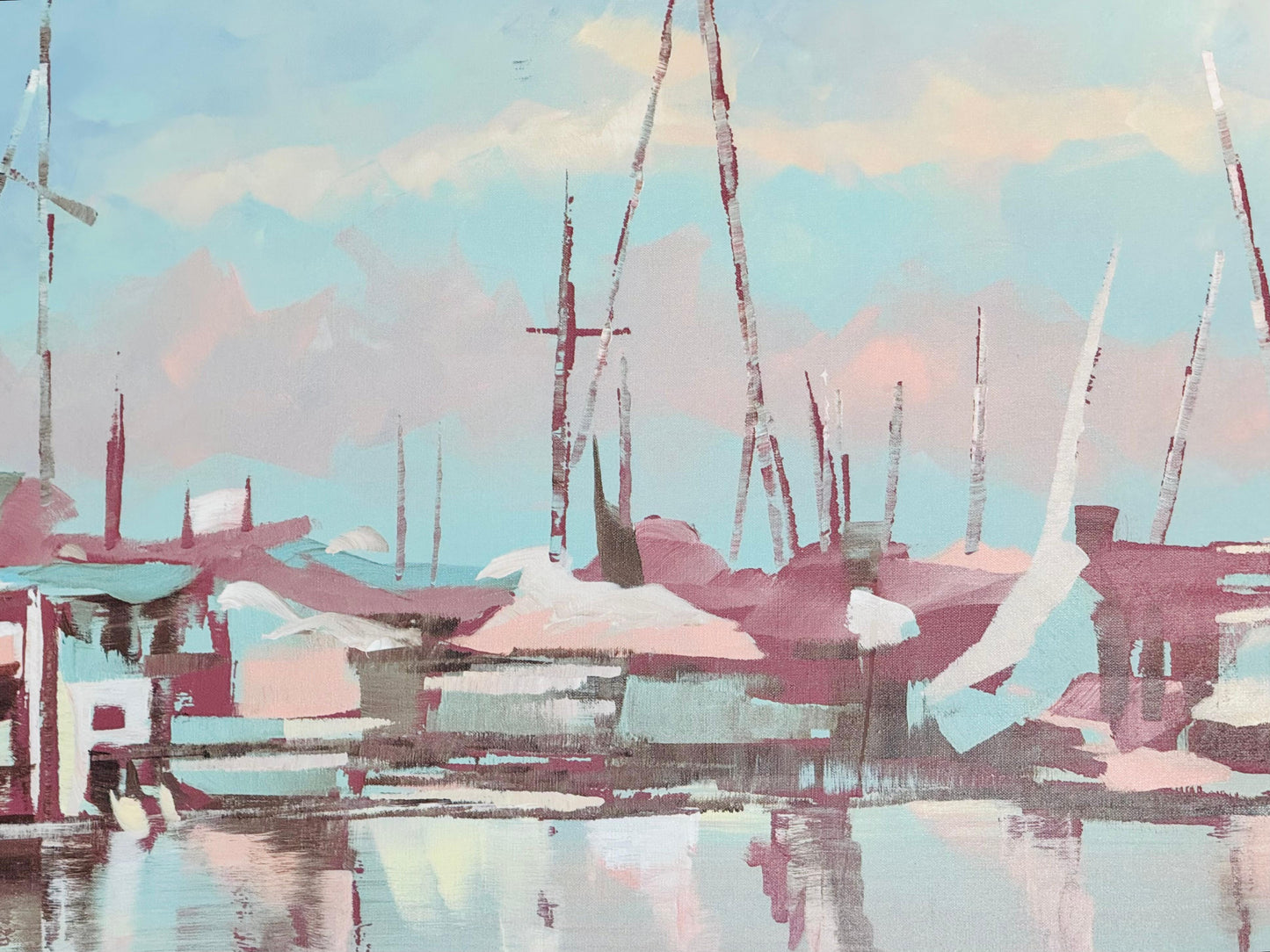 Frisman Vintage Lee Reynolds Abstract Nautical Impressionist Painting Boats in Harbor at Dusk