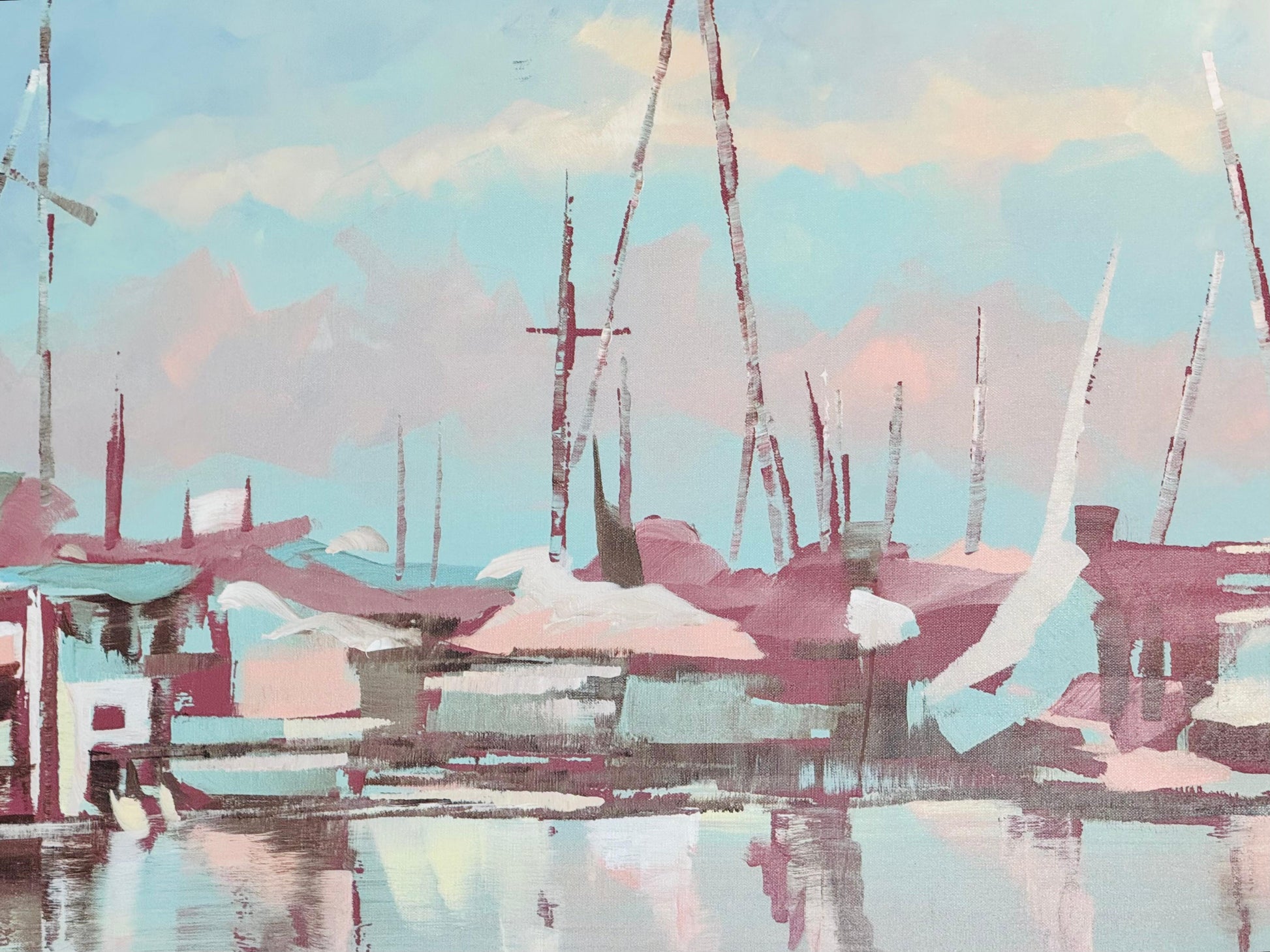 Frisman Vintage Lee Reynolds Abstract Nautical Impressionist Painting Boats in Harbor at Dusk