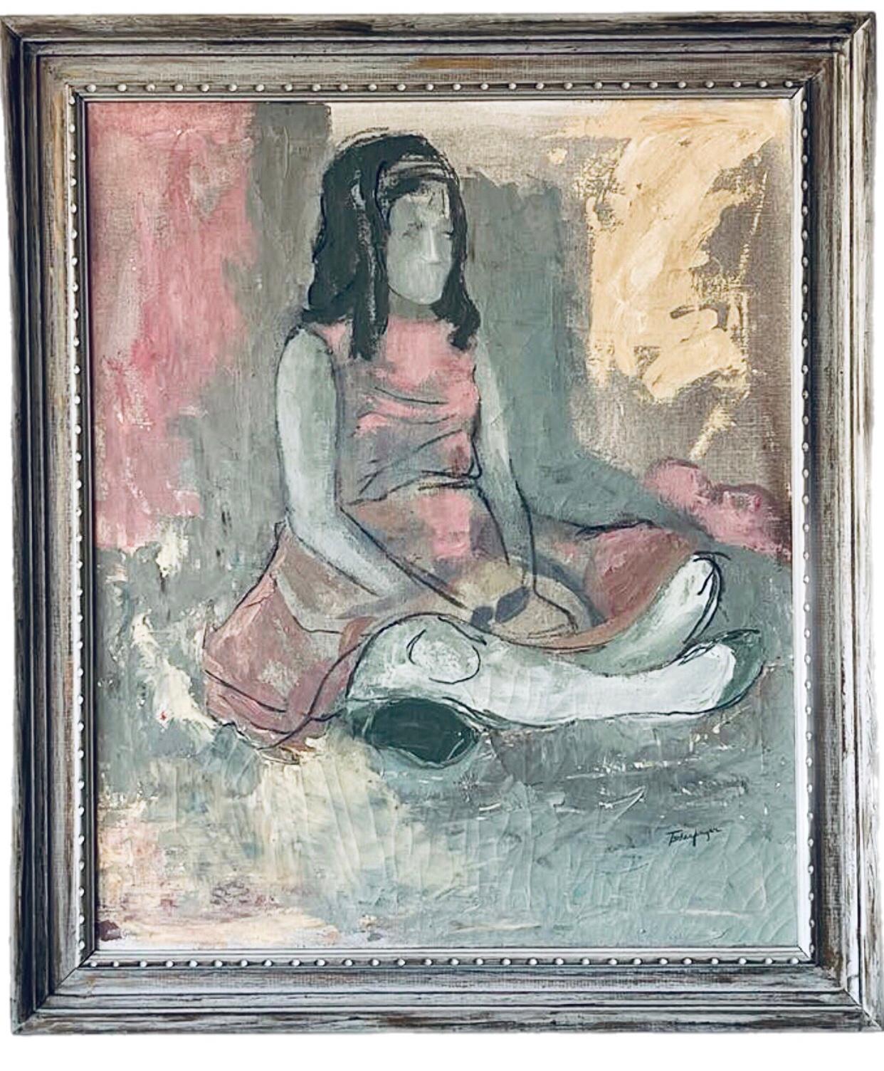 Frisman Vintage 50s Mid Century Modern Tscharfinger Picasso Homage Girl Pink Dress Oil Painting