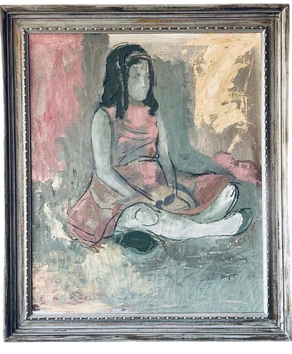 Frisman Vintage 50s Mid Century Modern Tscharfinger Picasso Homage Girl Pink Dress Oil Painting