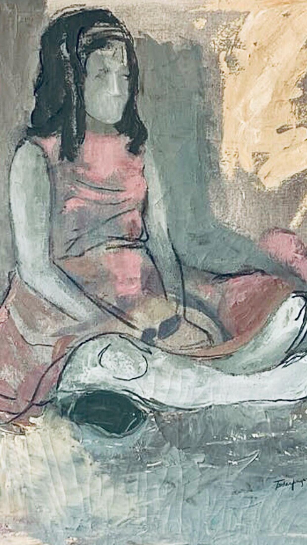 Frisman Vintage 50s Mid Century Modern Tscharfinger Picasso Homage Girl Pink Dress Oil Painting