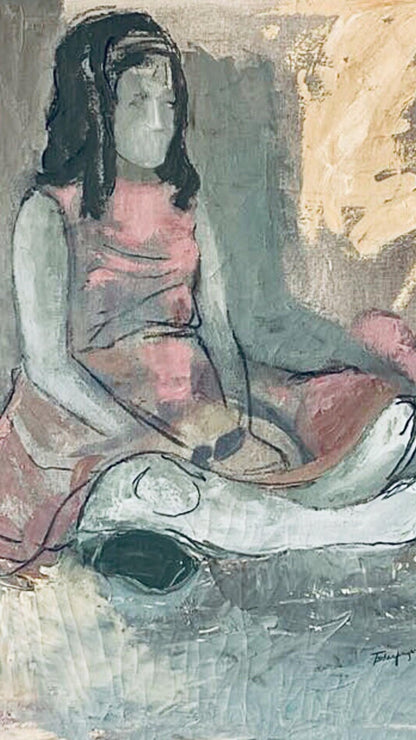 Frisman Vintage 50s Mid Century Modern Tscharfinger Picasso Homage Girl Pink Dress Oil Painting