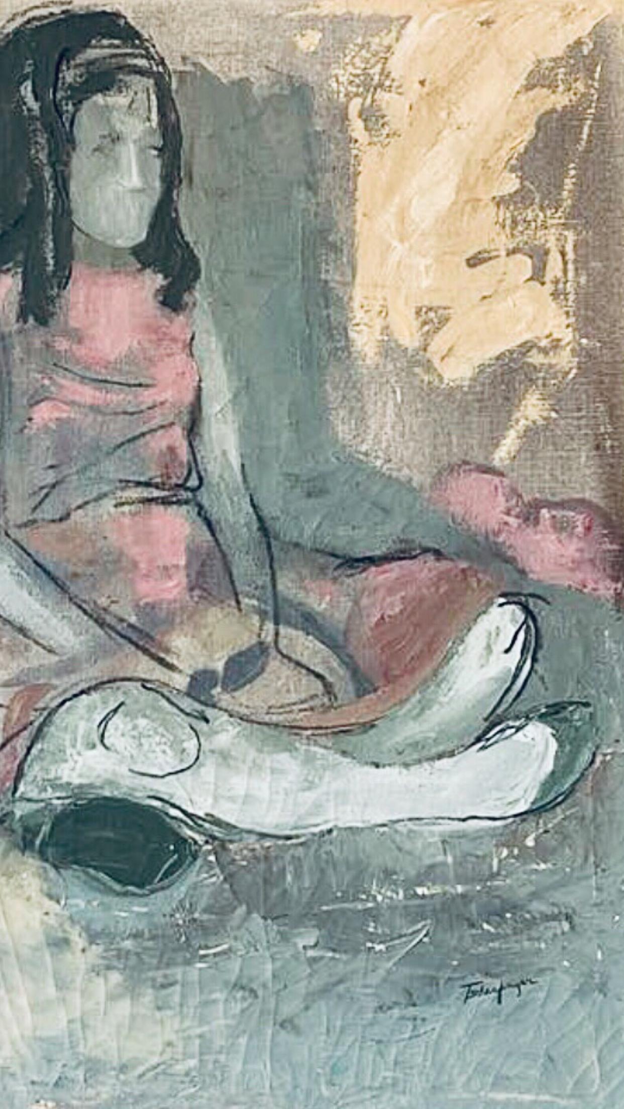 Frisman Vintage 50s Mid Century Modern Tscharfinger Picasso Homage Girl Pink Dress Oil Painting