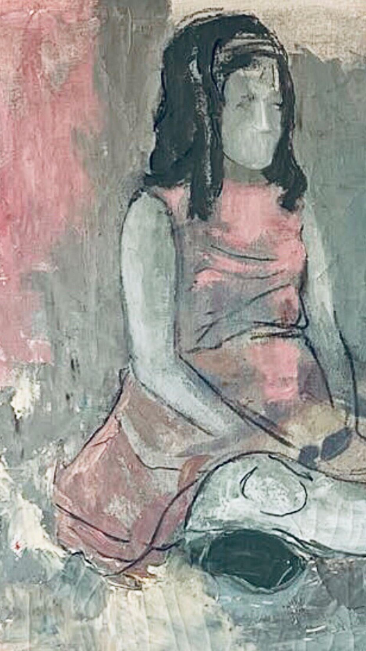 Frisman Vintage 50s Mid Century Modern Tscharfinger Picasso Homage Girl Pink Dress Oil Painting