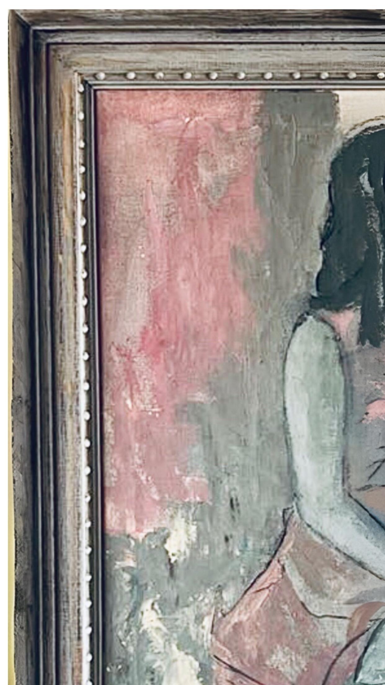 Frisman Vintage 50s Mid Century Modern Tscharfinger Picasso Homage Girl Pink Dress Oil Painting