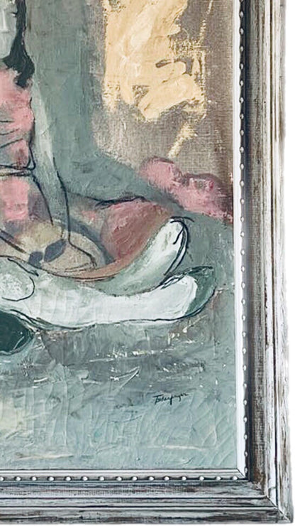 Frisman Vintage 50s Mid Century Modern Tscharfinger Picasso Homage Girl Pink Dress Oil Painting