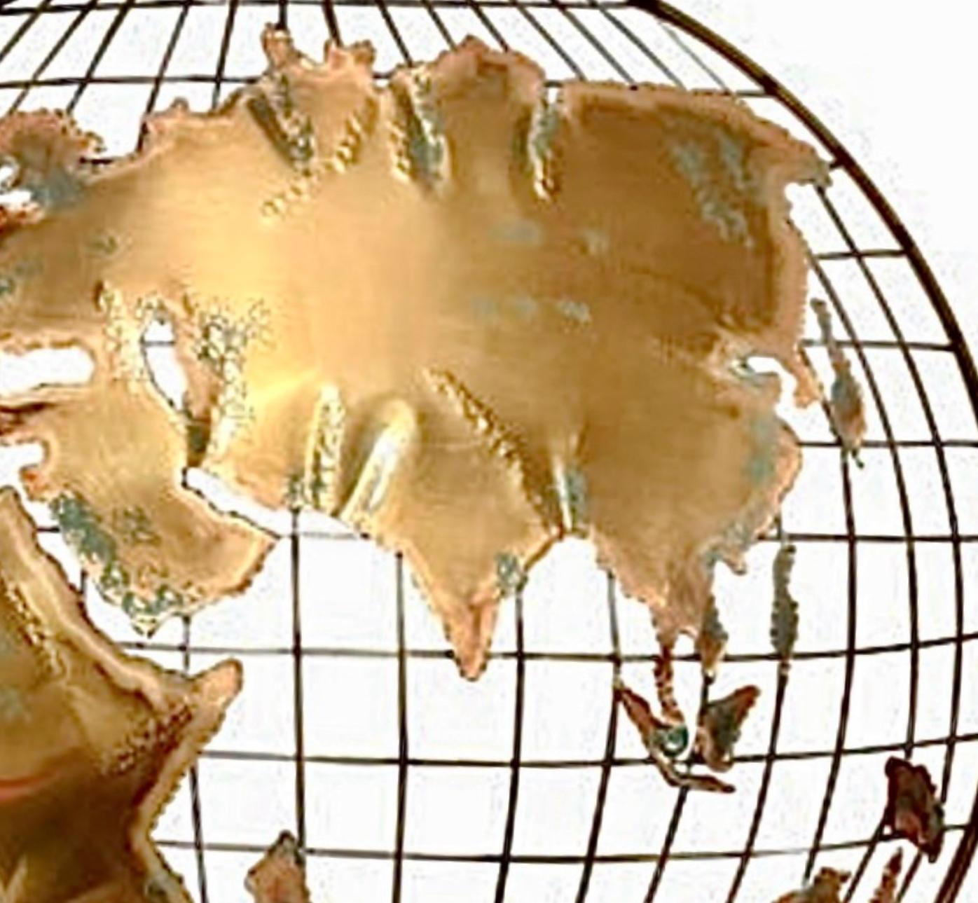 Frisman Vintage 80s Brutalist Curtis Jere Iconic World Globe Metal Wall Art Sculpture