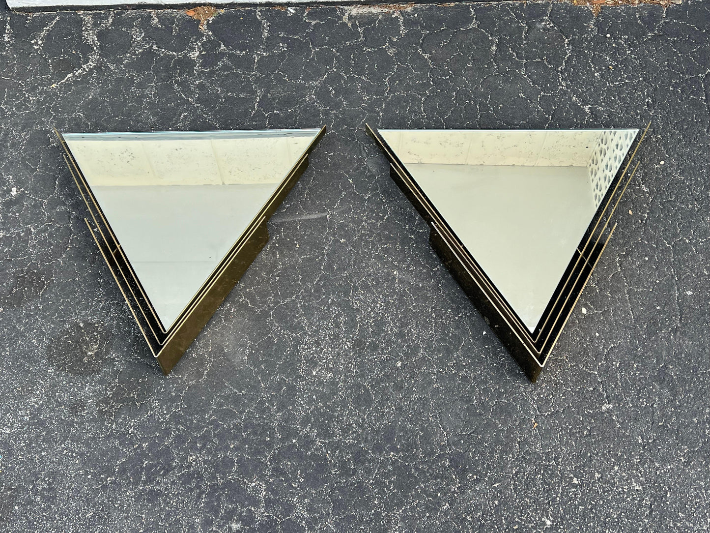 A Pair Of  Curtis Jere Triangular Brass Mirrors 1982