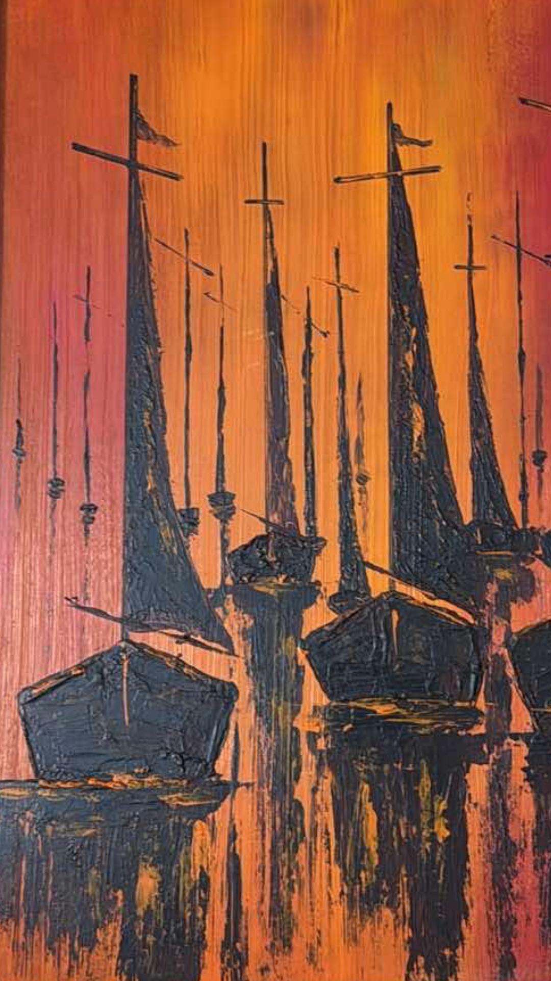 Frisman Vintage Vintage W. Kwan Mid Century Modern Fiery Abstract Sailboats Nautical Painting