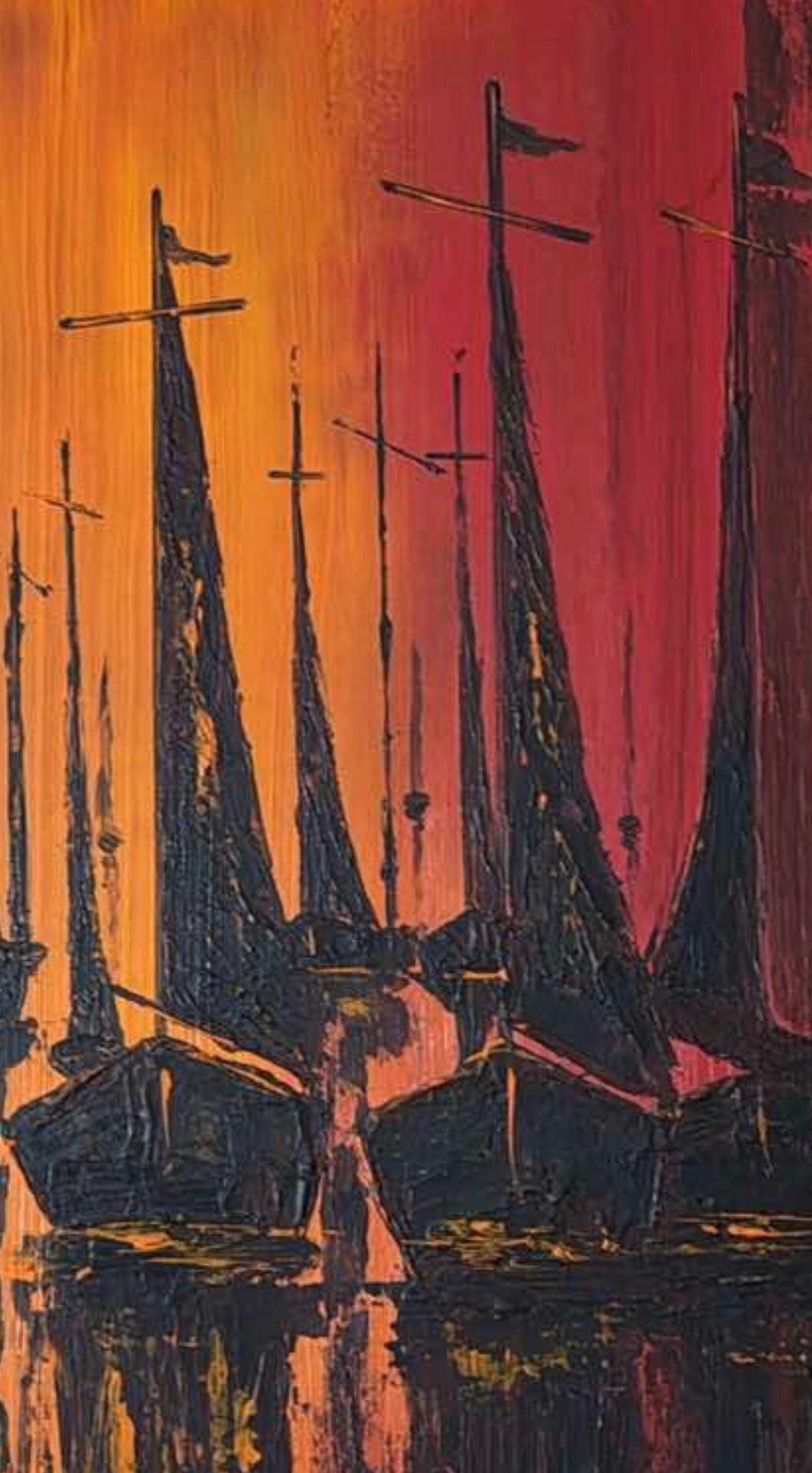 Frisman Vintage Vintage W. Kwan Mid Century Modern Fiery Abstract Sailboats Nautical Painting