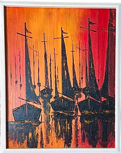 Frisman Vintage Vintage W. Kwan Mid Century Modern Fiery Abstract Sailboats Nautical Painting