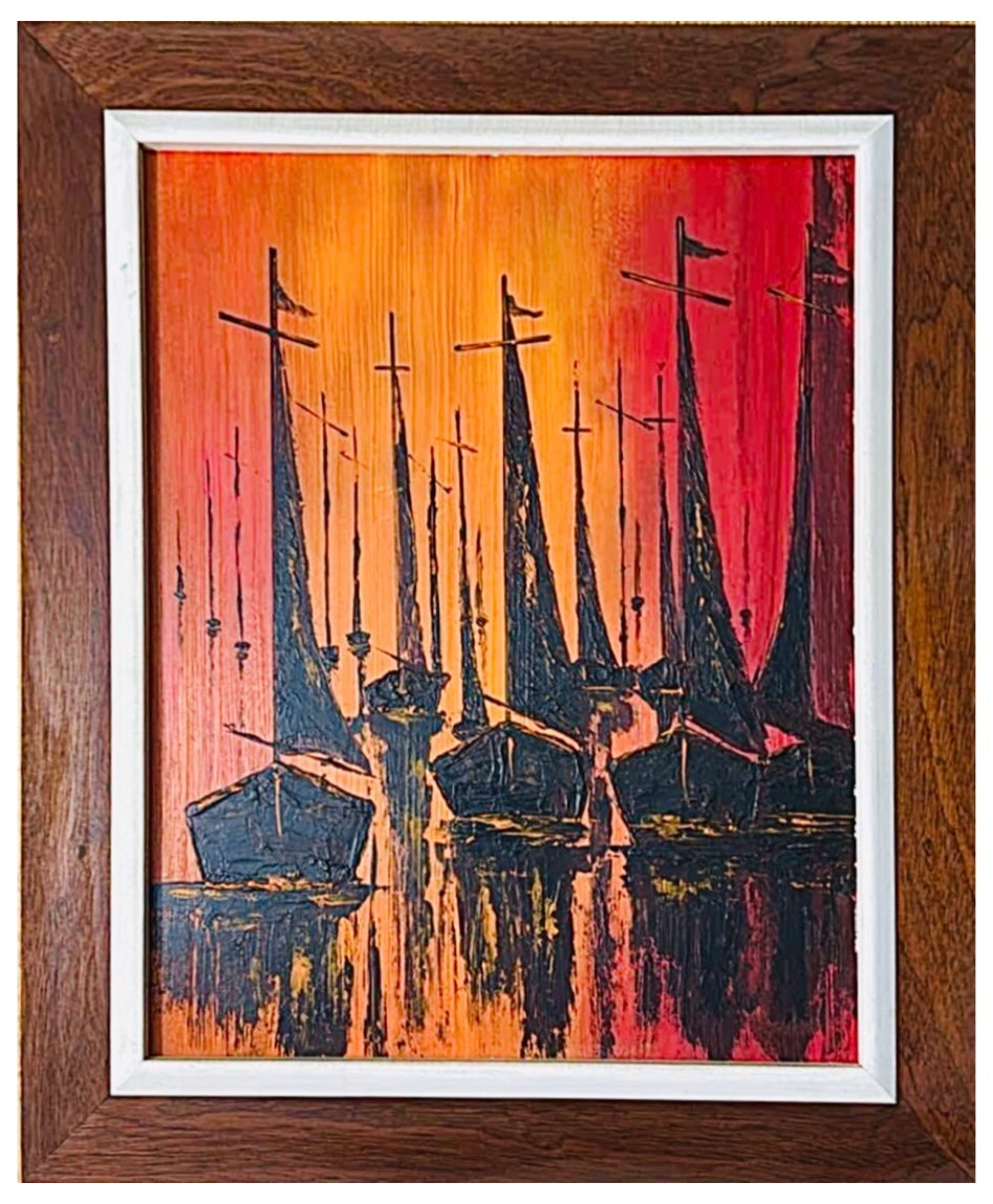 Frisman Vintage Vintage W. Kwan Mid Century Modern Fiery Abstract Sailboats Nautical Painting