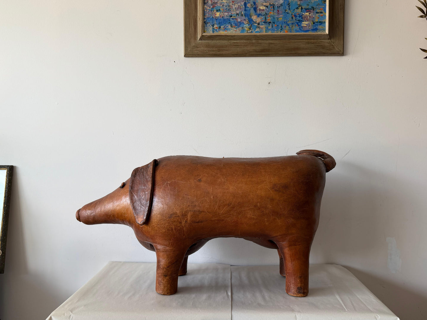 Frisman Vintage Large Vintage Leather Stool Omersa For Almazan Pig With Original Tail