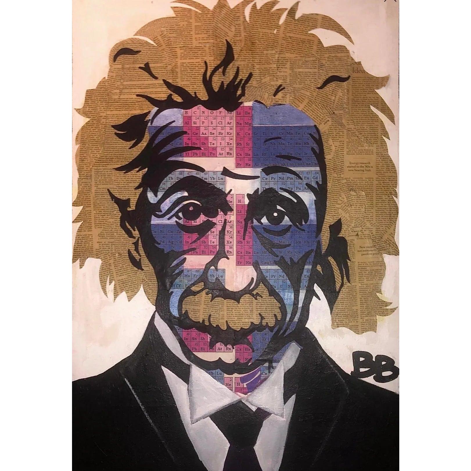 Frisman Vintage 80s Original Pop Art Albert Einstein Periodic Table Face Mixed Media Art Collage