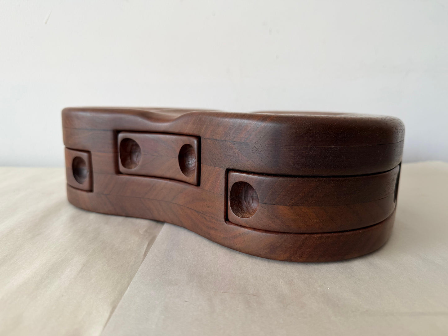 Frisman Vintage Unusual Wood Craft Jewelry Box Walnut Pull Out Drawers ca' 1970's