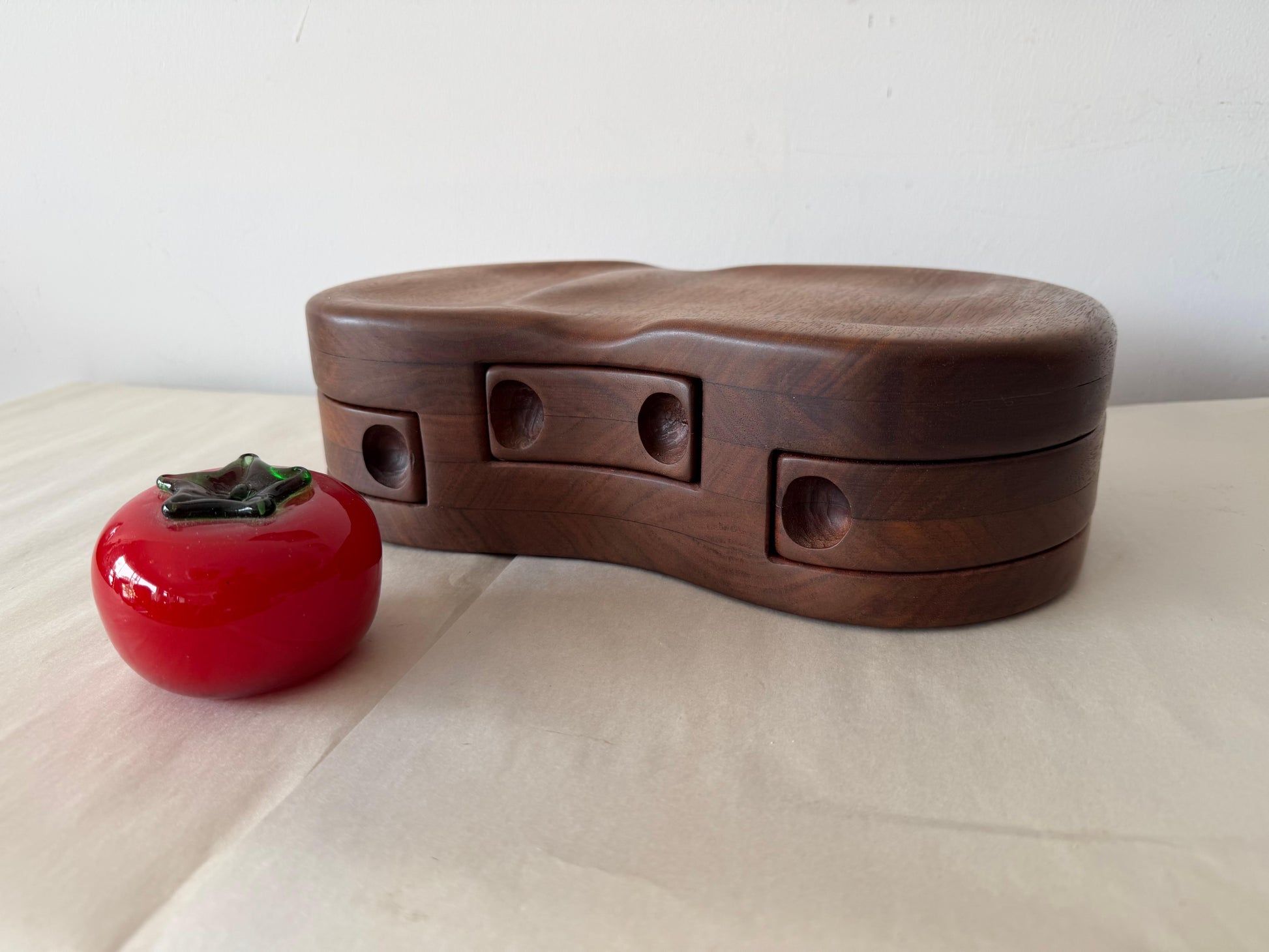 Frisman Vintage Unusual Wood Craft Jewelry Box Walnut Pull Out Drawers ca' 1970's