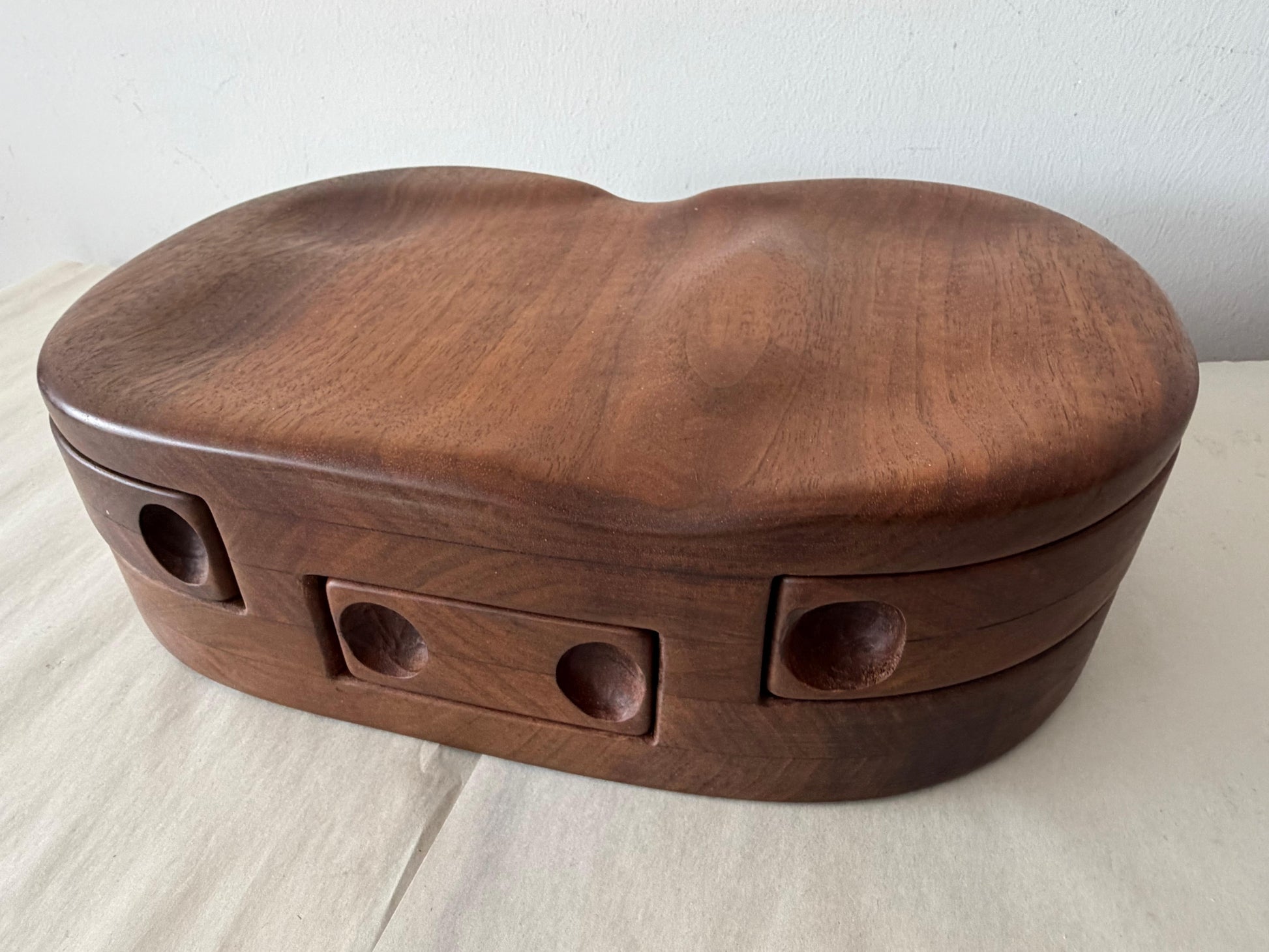 Frisman Vintage Unusual Wood Craft Jewelry Box Walnut Pull Out Drawers ca' 1970's