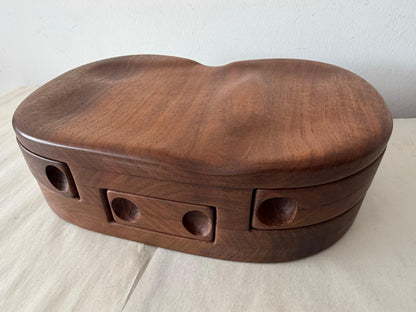 Frisman Vintage Unusual Wood Craft Jewelry Box Walnut Pull Out Drawers ca' 1970's