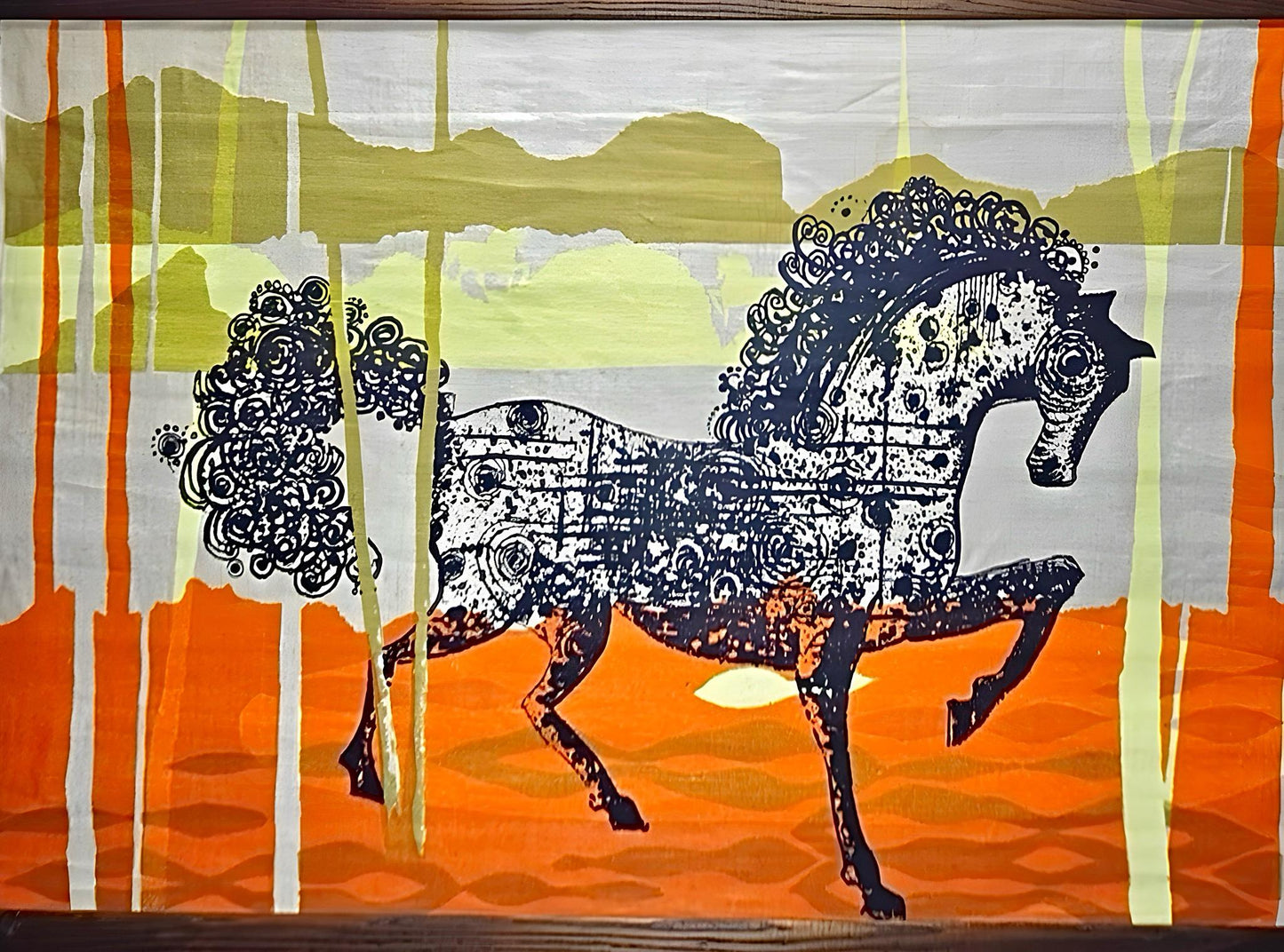 Frisman Vintage Rare Tom Tru Robert Bushong Mid Century Modern Linen Wall Art Etruscan Horse