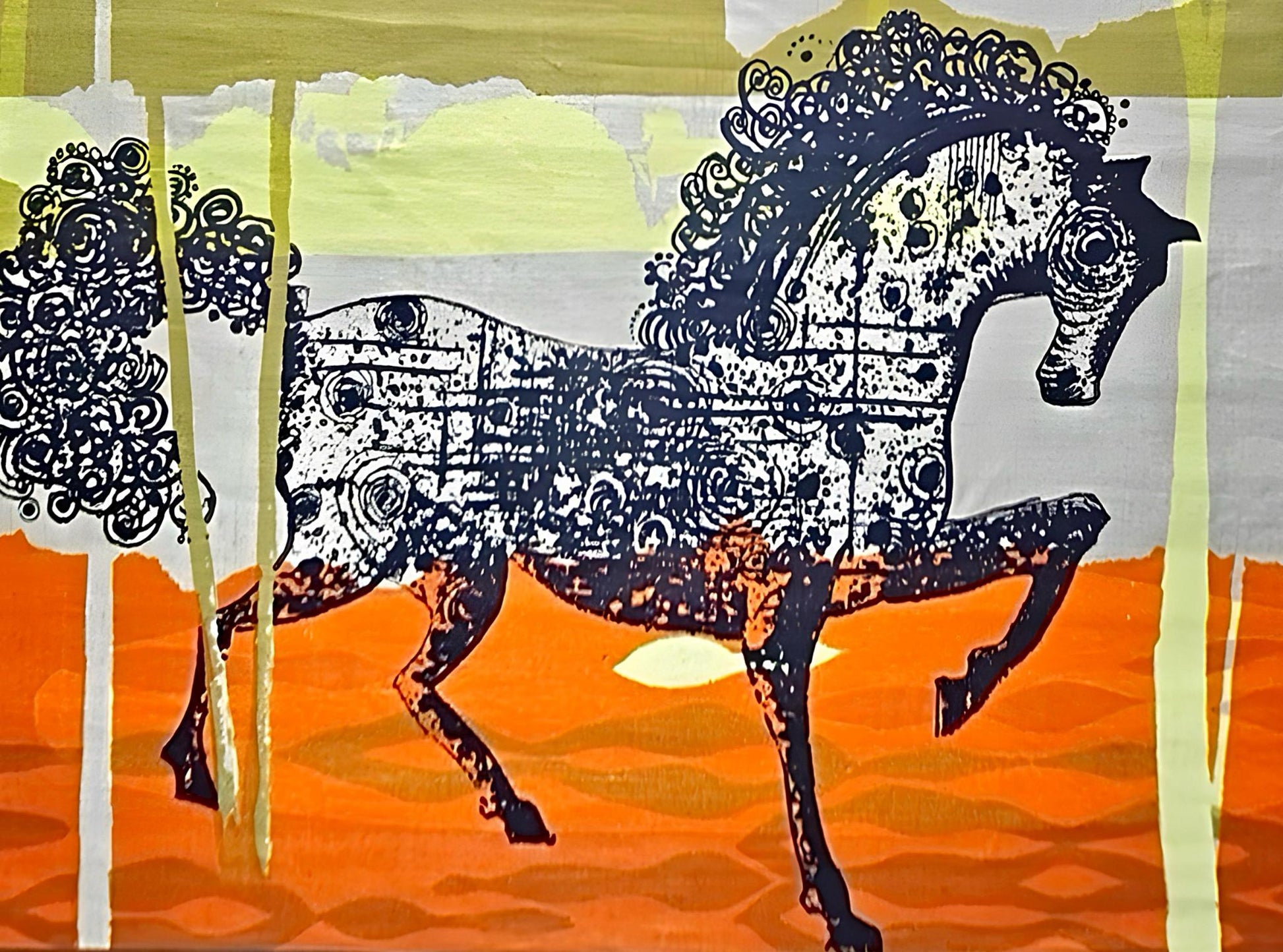 Frisman Vintage Rare Tom Tru Robert Bushong Mid Century Modern Linen Wall Art Etruscan Horse