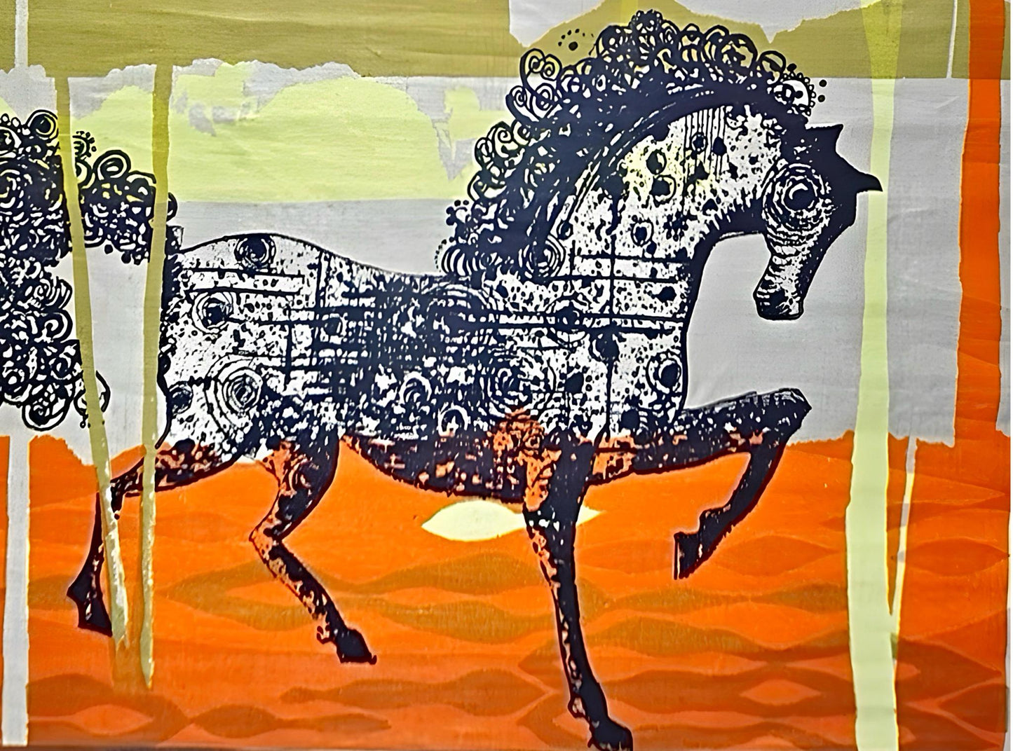 Frisman Vintage Rare Tom Tru Robert Bushong Mid Century Modern Linen Wall Art Etruscan Horse