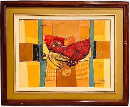 Frisman Vintage XL Mid Century Cubist Mixed Media Still Life Fruit Painting after Cezanne D. Fox