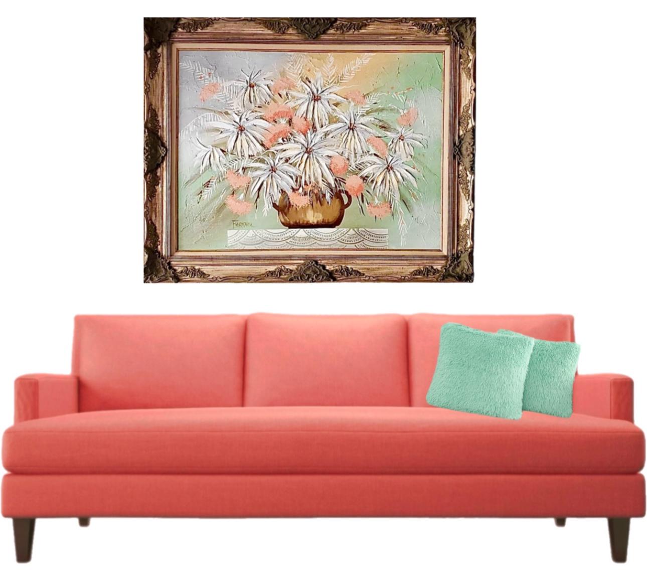 Frisman Vintage XL Mid Century Modern Framed Ferrante Dramatic Flower Still Life Oil Painting