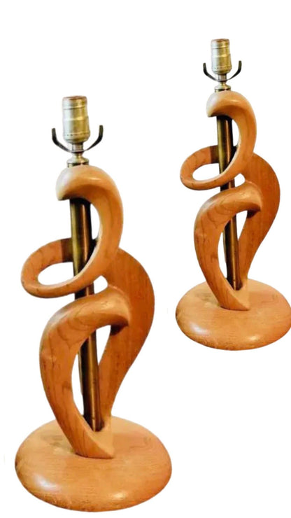 Frisman Vintage 1950s Mid Century Modern Jascha Heifetz Abstract Sculptural Wooden Table Lamps