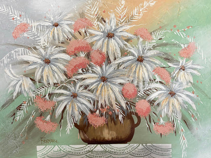 Frisman Vintage XL Mid Century Modern Framed Ferrante Dramatic Flower Still Life Oil Painting