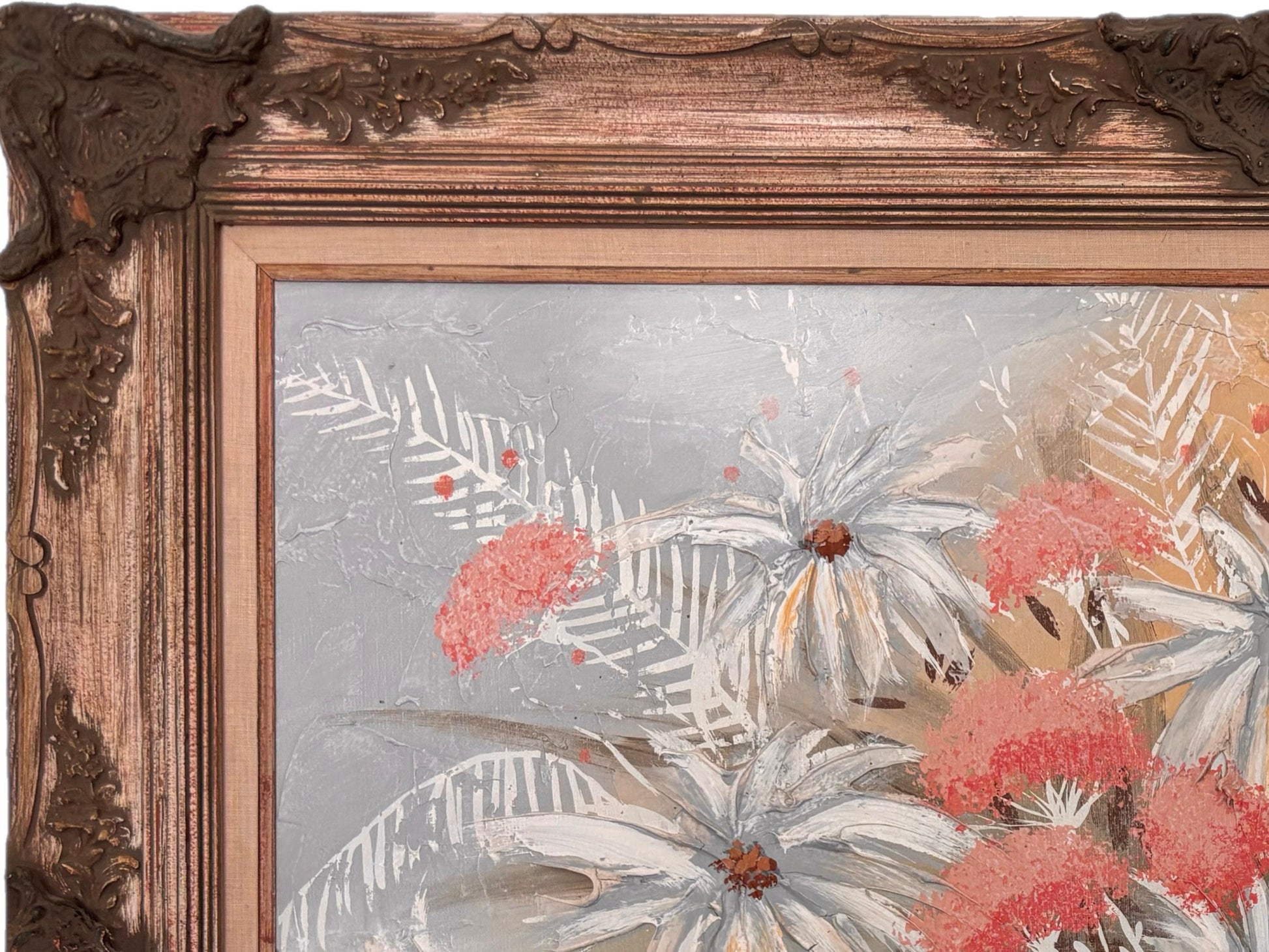 Frisman Vintage XL Mid Century Modern Elaborately Framed Ferrante Dramatic Flower Still Life