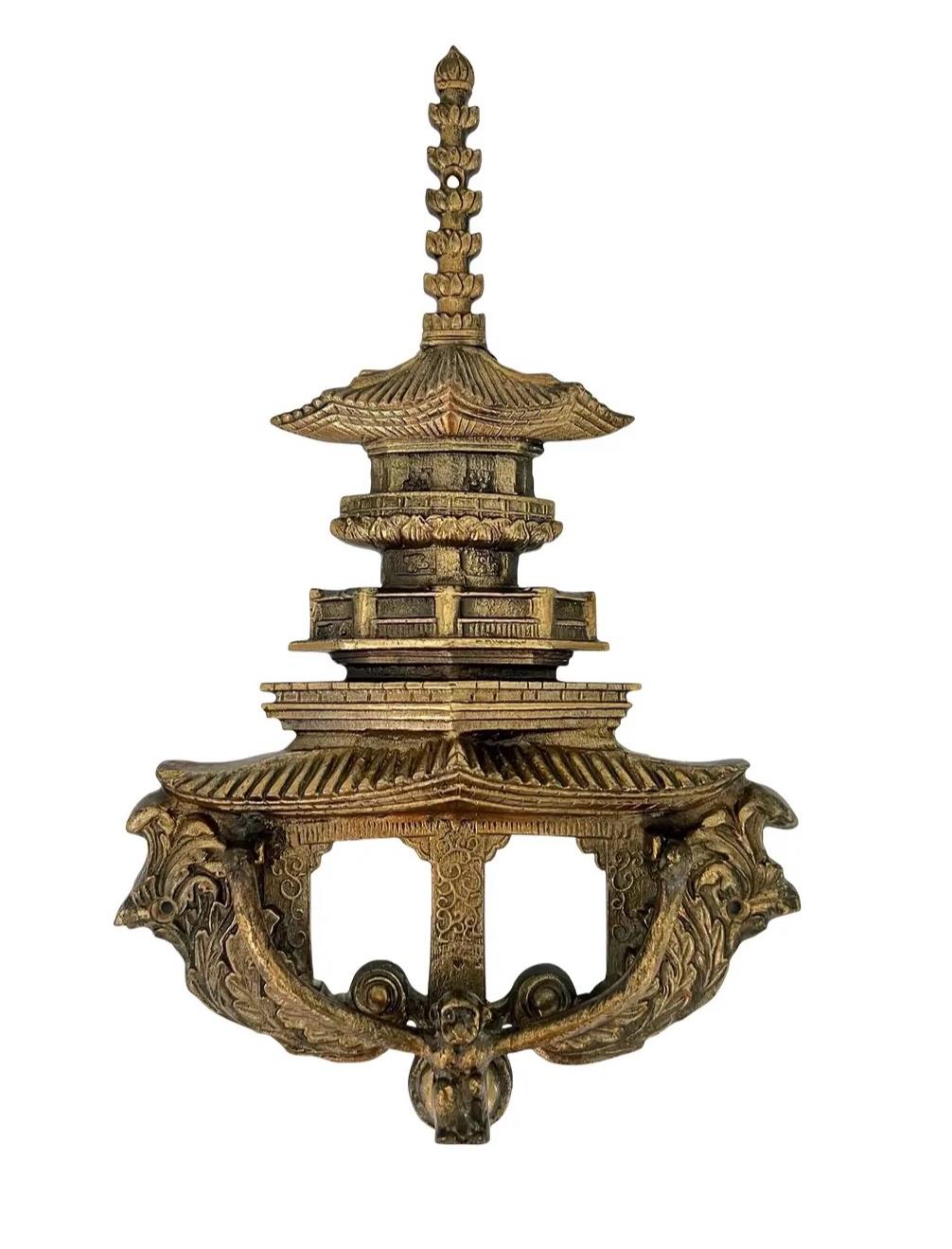 Frisman Vintage XXL 14.5” Vintage Asian Chinoiserie Solid Brass Pagoda Monkey Door Knocker
