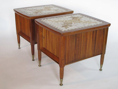 Frisman Vintage A Pair of Mid Century Walnut Nightstands with Tile Decoration