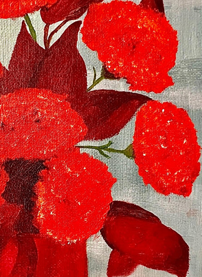 Frisman Vintage 60s Vintage Mid Century Modern Red Floral Still Life Oil Painting Framed